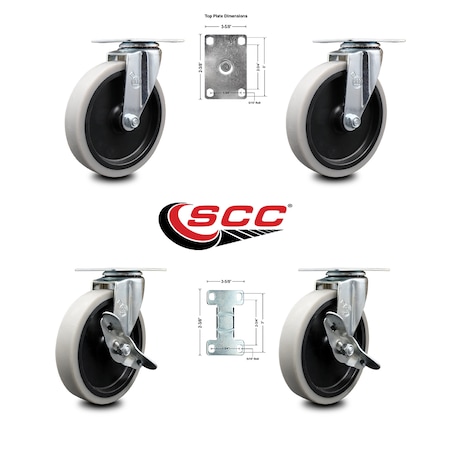 Service Caster 5 Inch Thermoplastic Wheel Top Plate Caster Set with 2 Brakes SCC-05S510-TPRS-2-SLB-2